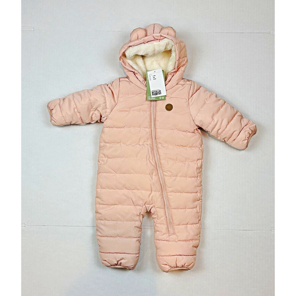 H&M Baby Snowsuit Hooded Puffer Pink Bear Girls Zip Lined 2-4 Mths NEW
